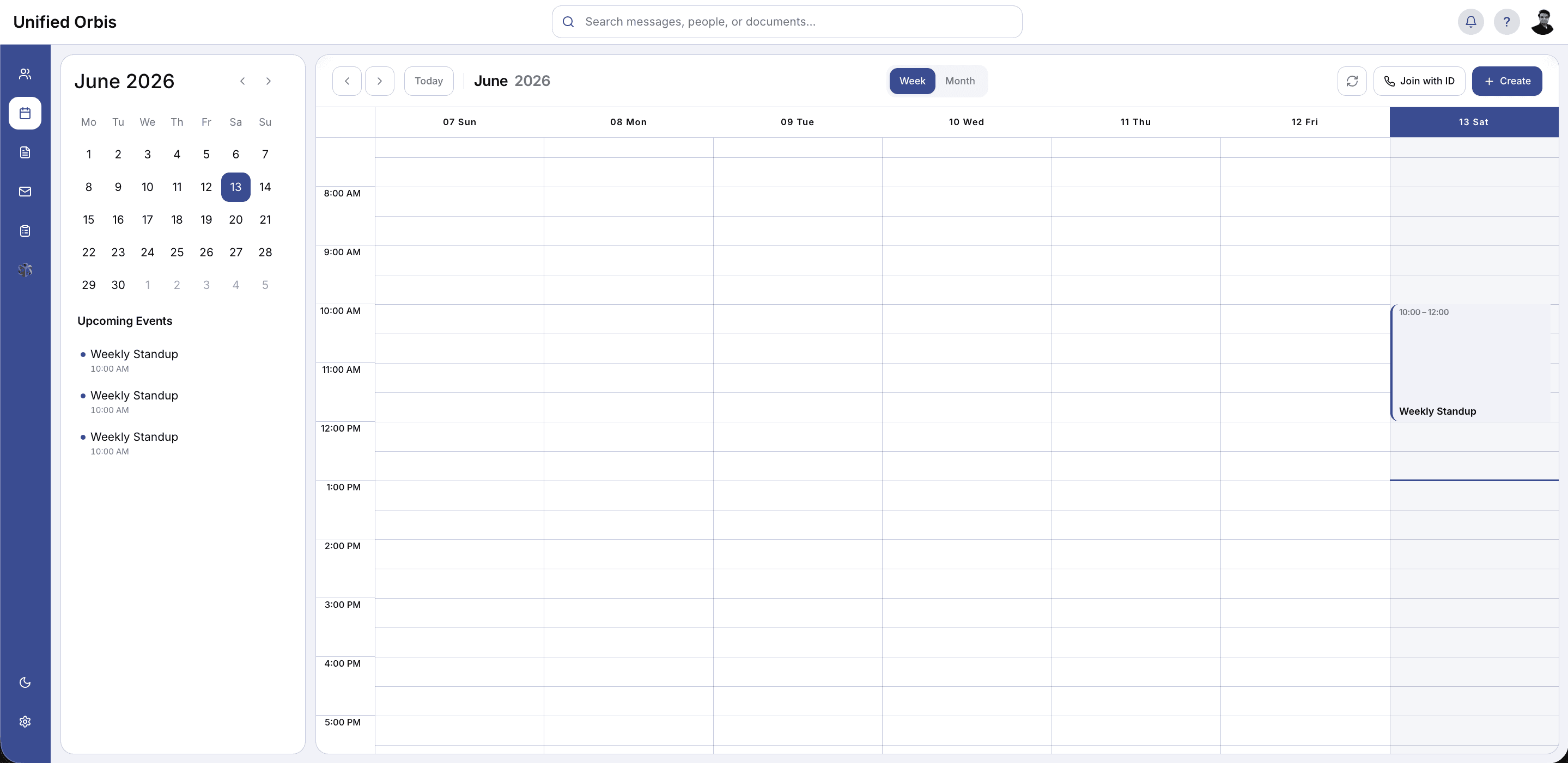 Unified Orbis calendar with scheduled team meetings