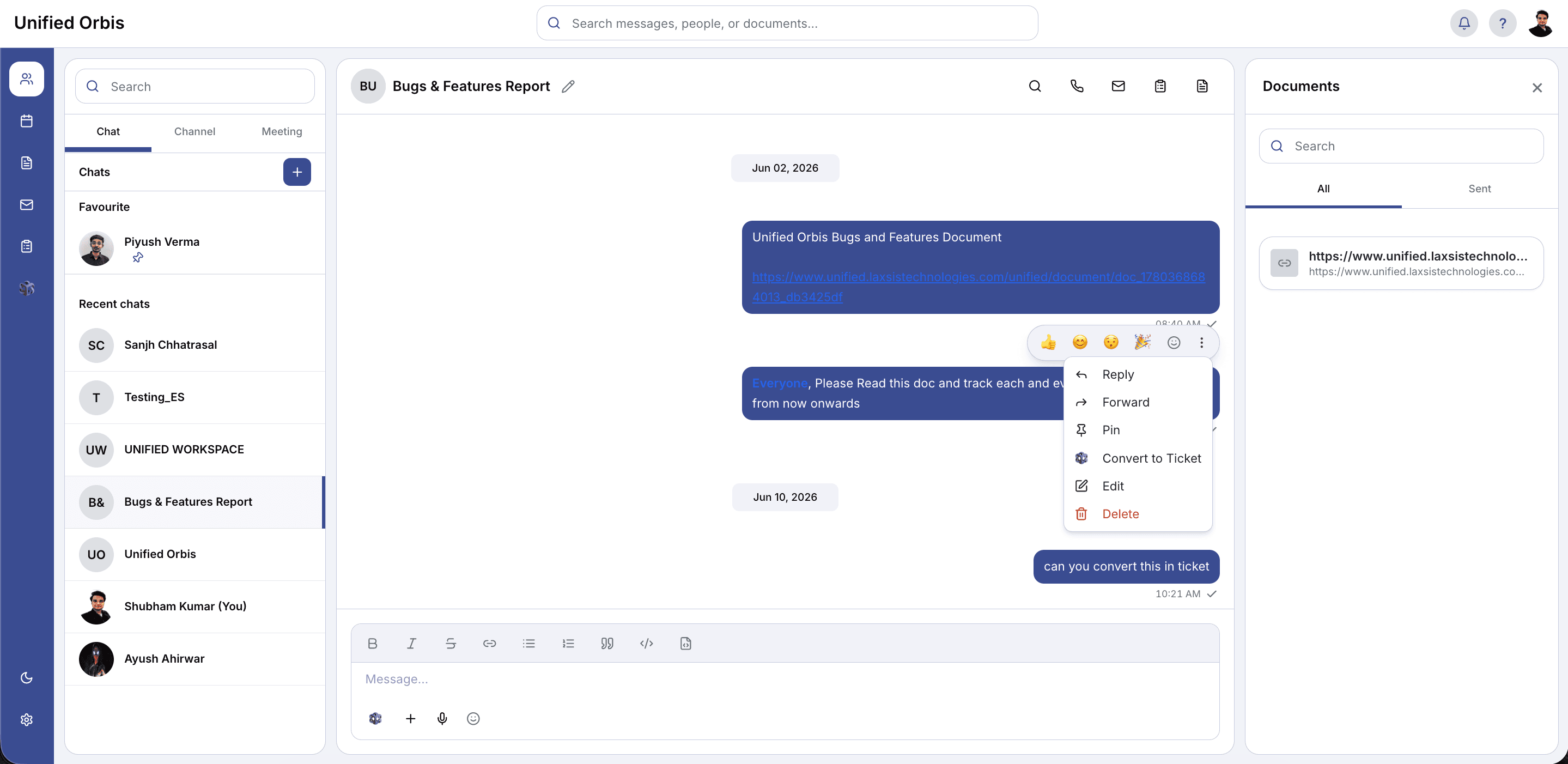 Orbis AI ticket draft review from a chat conversation