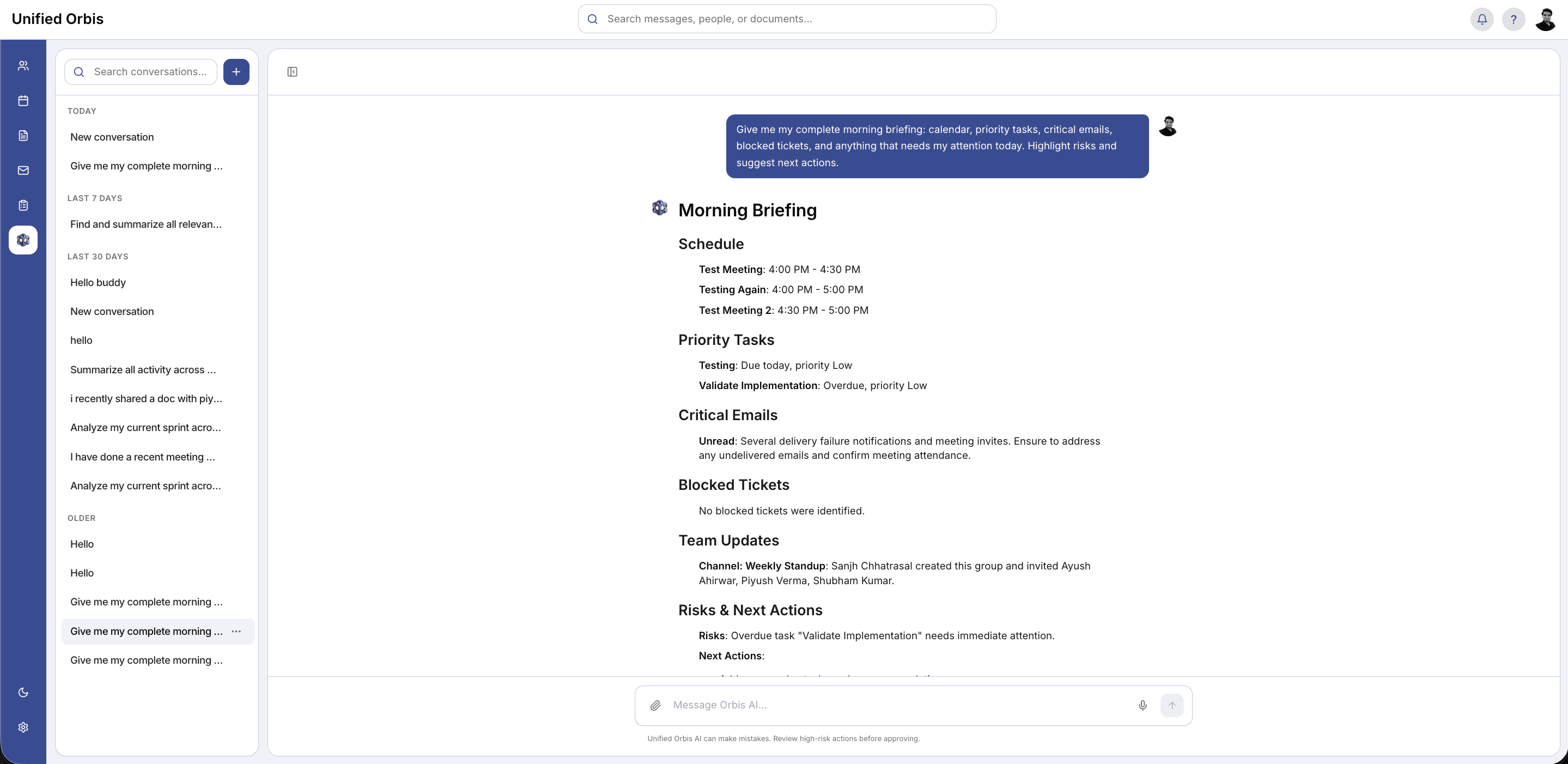 Orbis AI using workspace context for planning and coordination